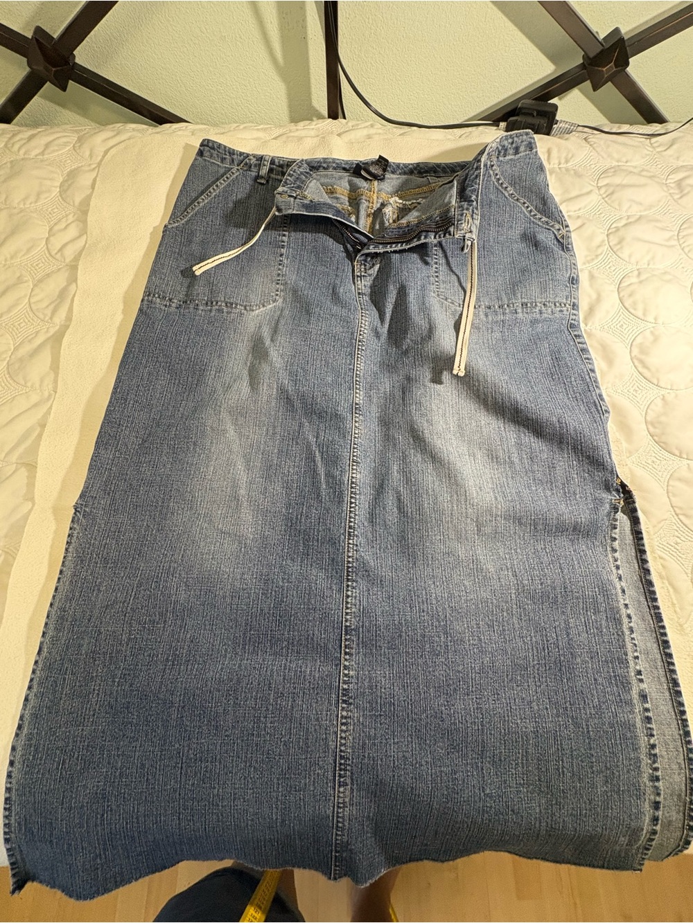 Venezia Denim Straight Leg Jeans Skirt with Drawstring Waist in Blue #0015